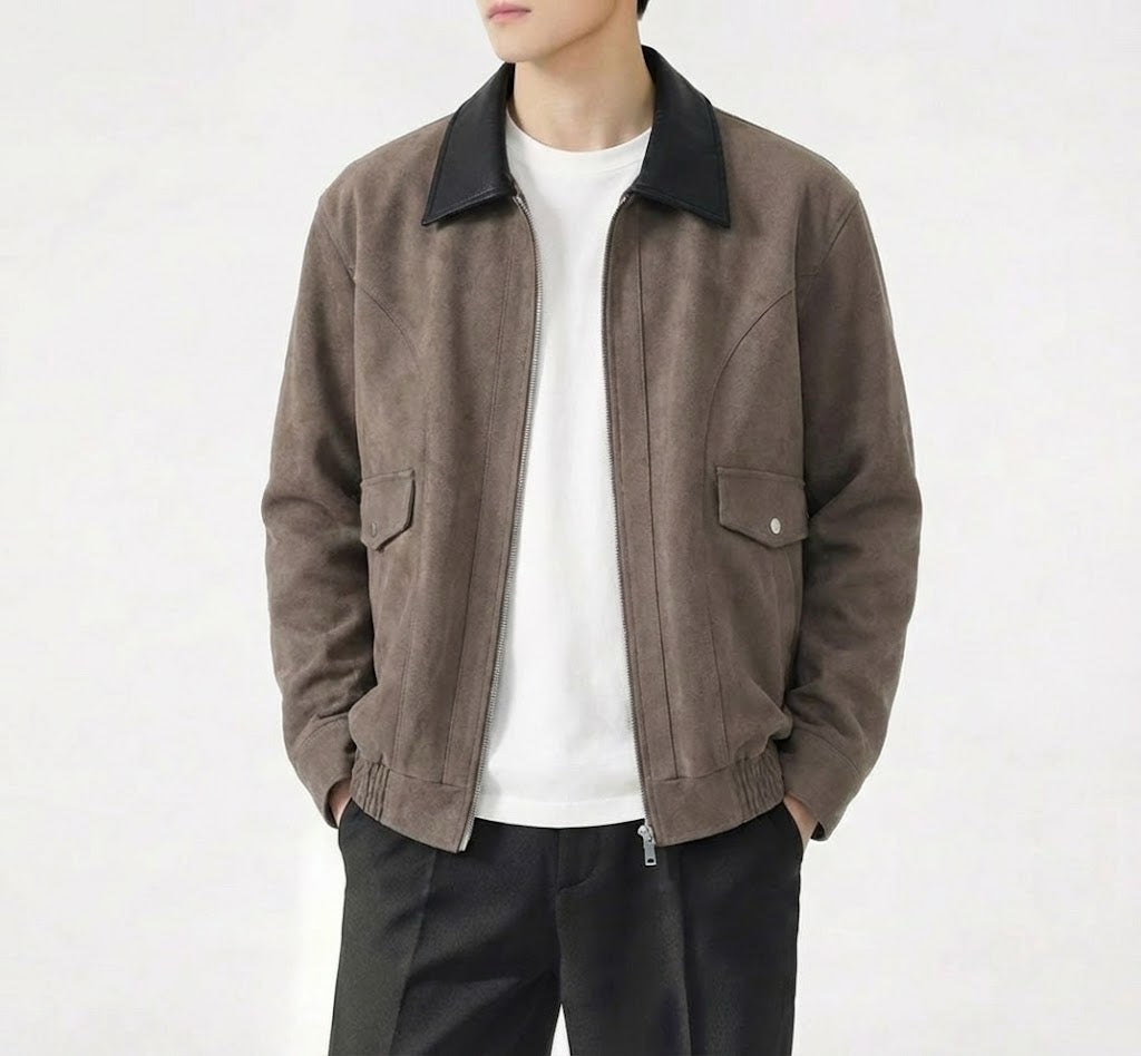 レザーコントラストカラースエードタッチショートブルゾン