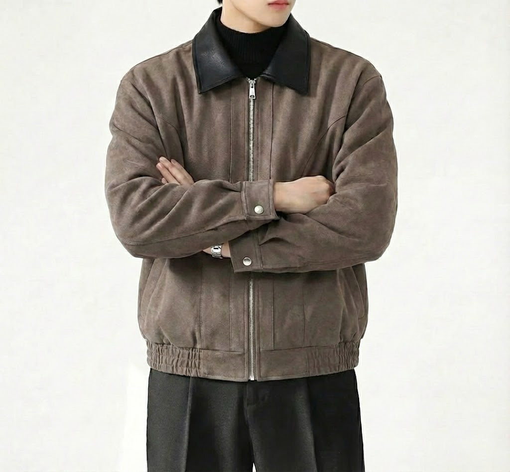 レザーコントラストカラースエードタッチショートブルゾン