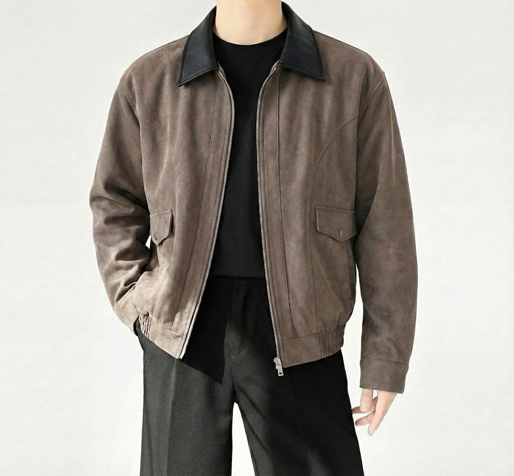 レザーコントラストカラースエードタッチショートブルゾン