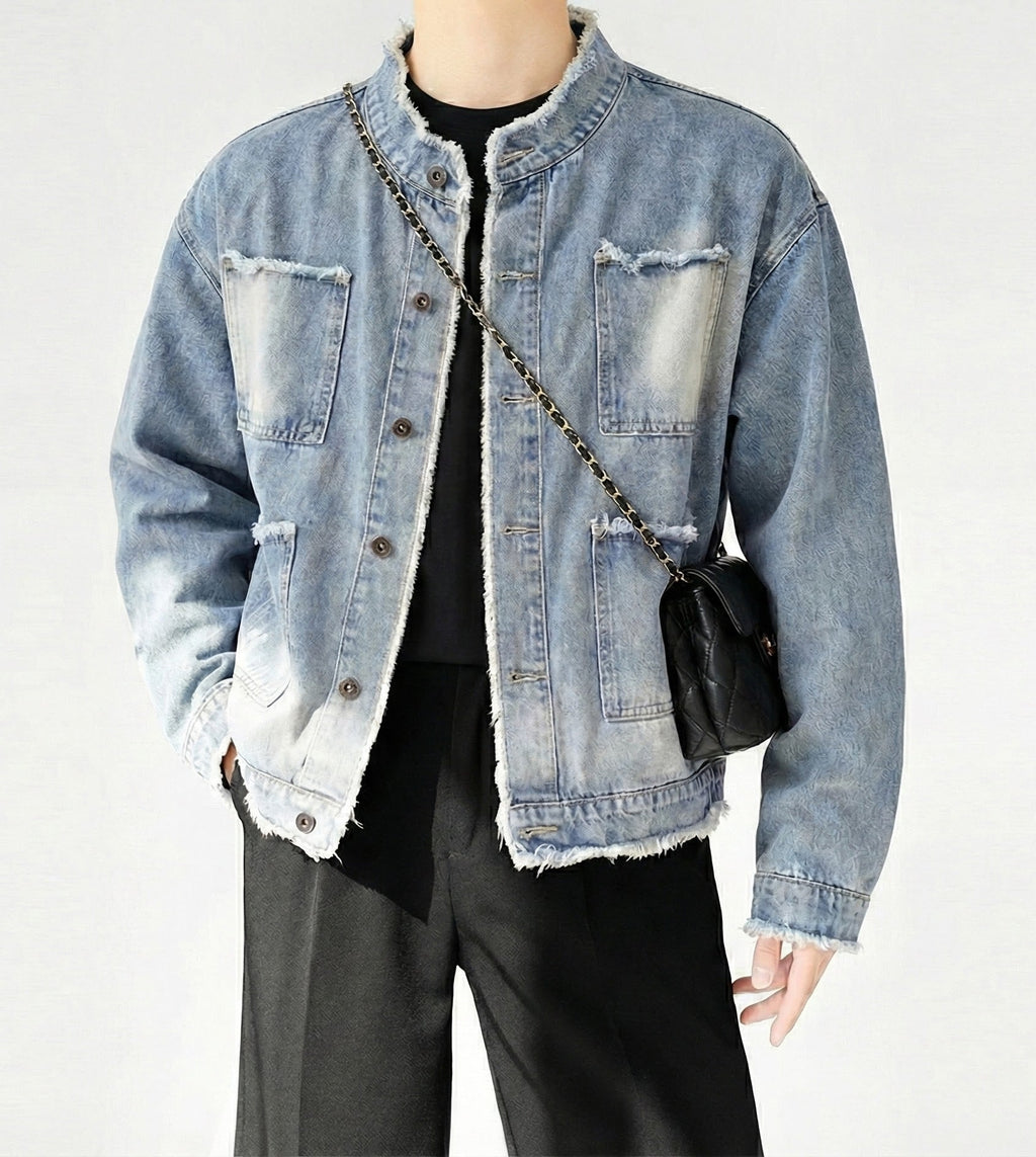 ノーカラーフリンジデニムジャケット