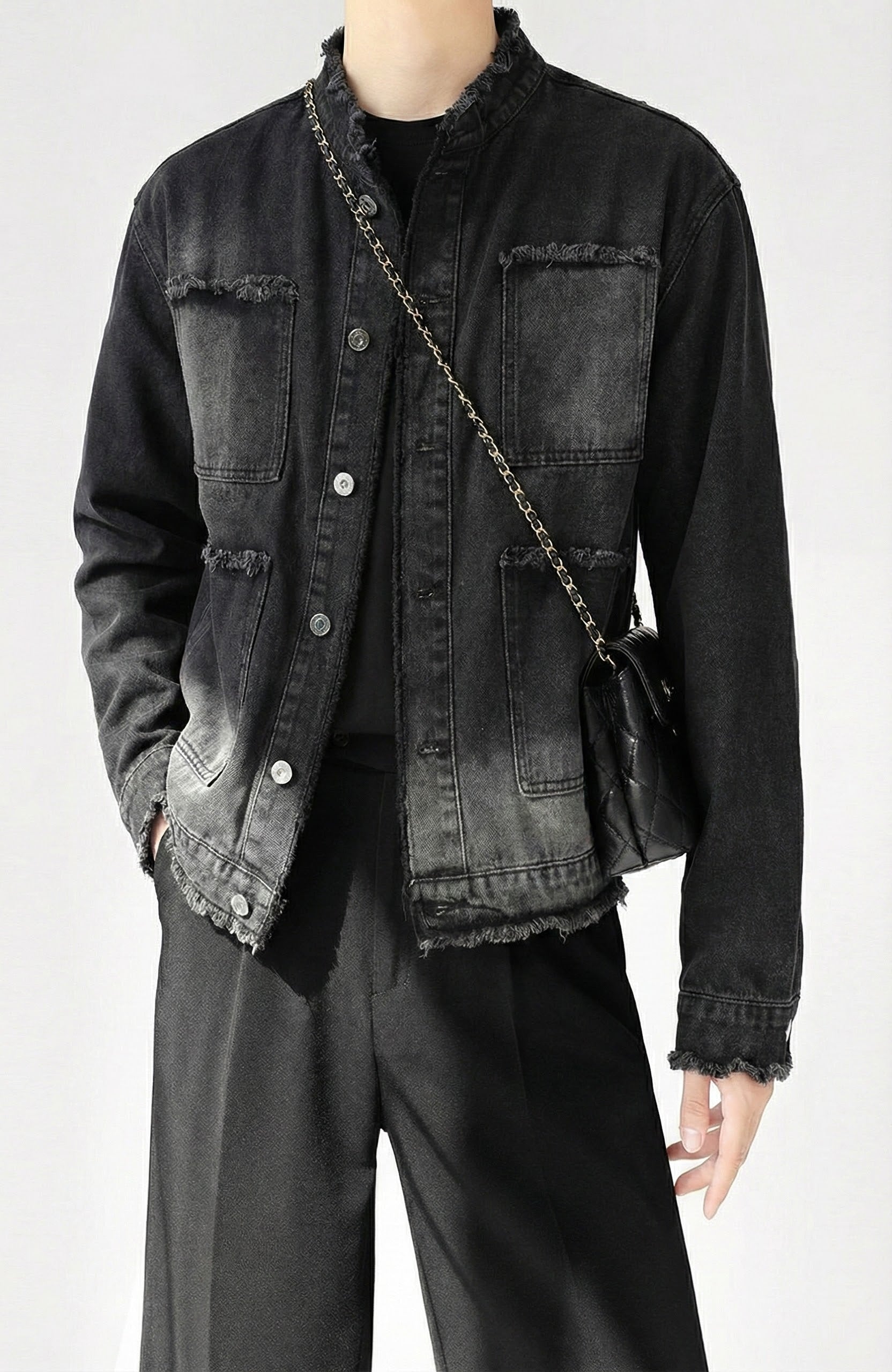 ノーカラーフリンジデニムジャケット