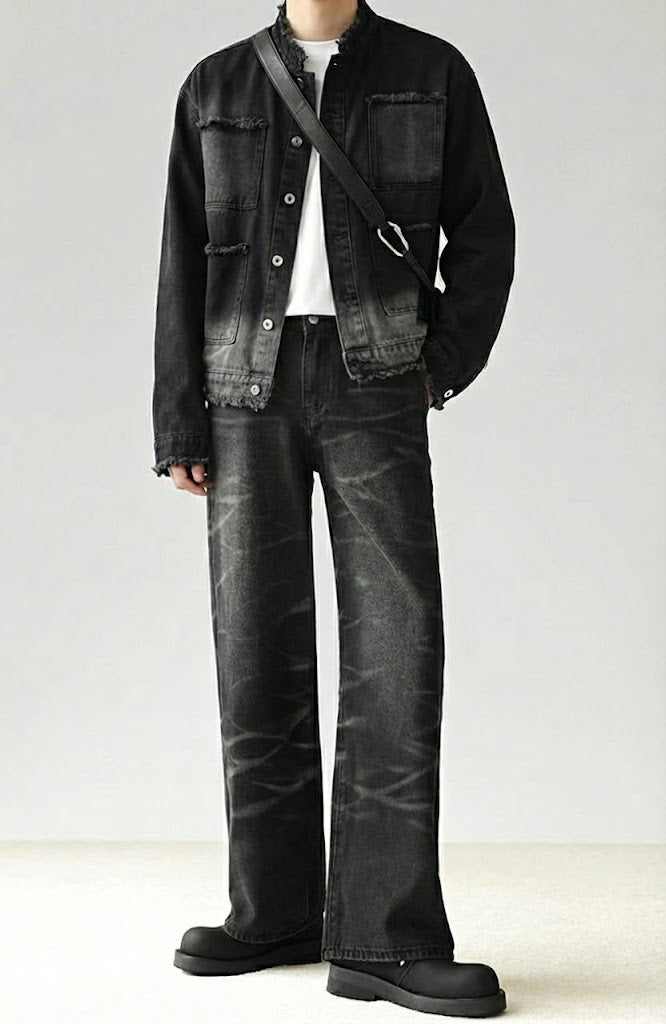 ノーカラーフリンジデニムジャケット