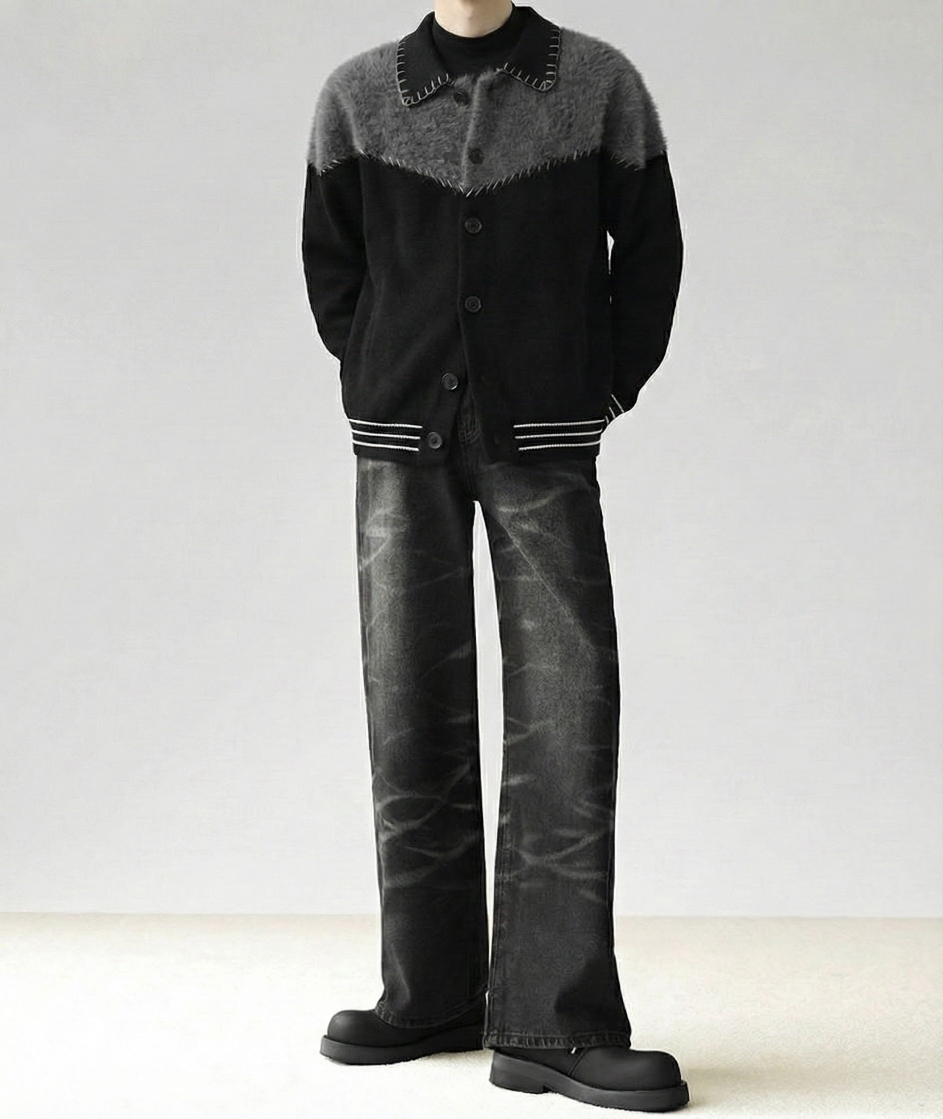 コントラストステッチブロックカーディガン