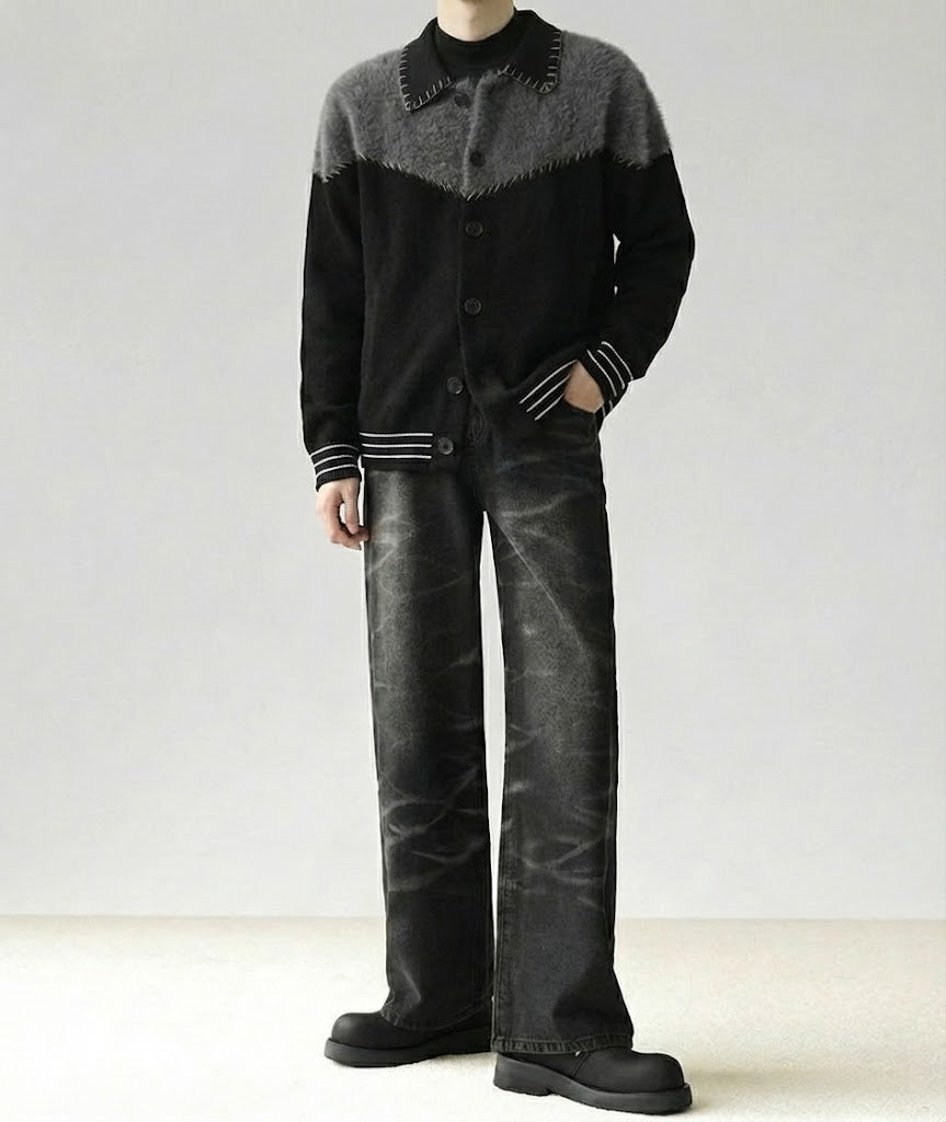 コントラストステッチブロックカーディガン