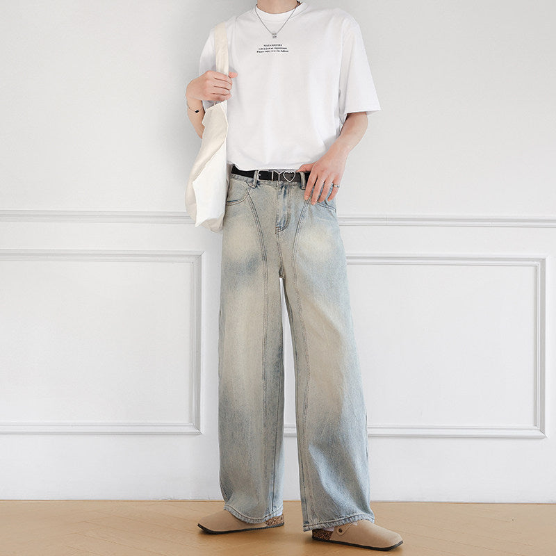 フェードグレイッシュブルーワイドシルエットデニム