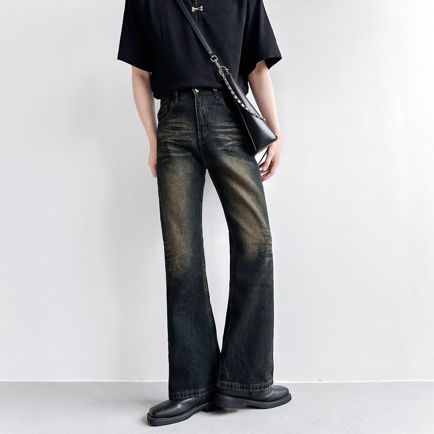 ディープフェードブラックグリーンフレアデニム