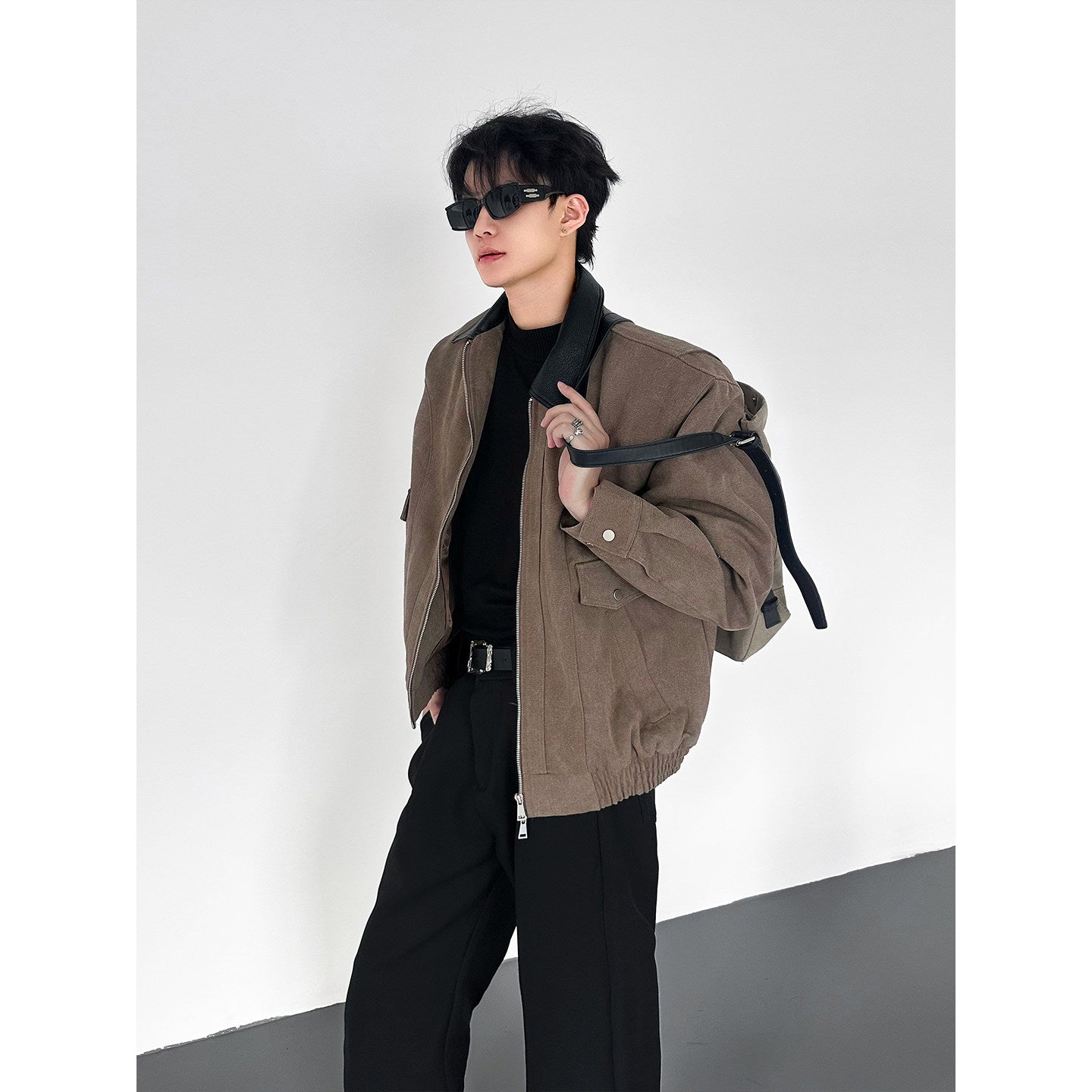 レザーコントラストカラースエードタッチショートブルゾン