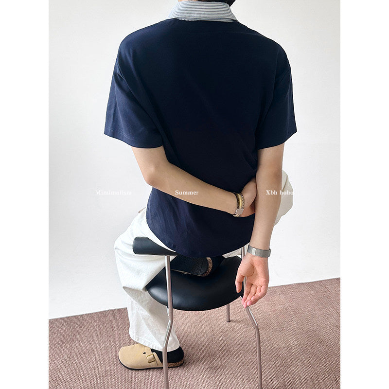 ストライプレイヤードVネックカーデトップス