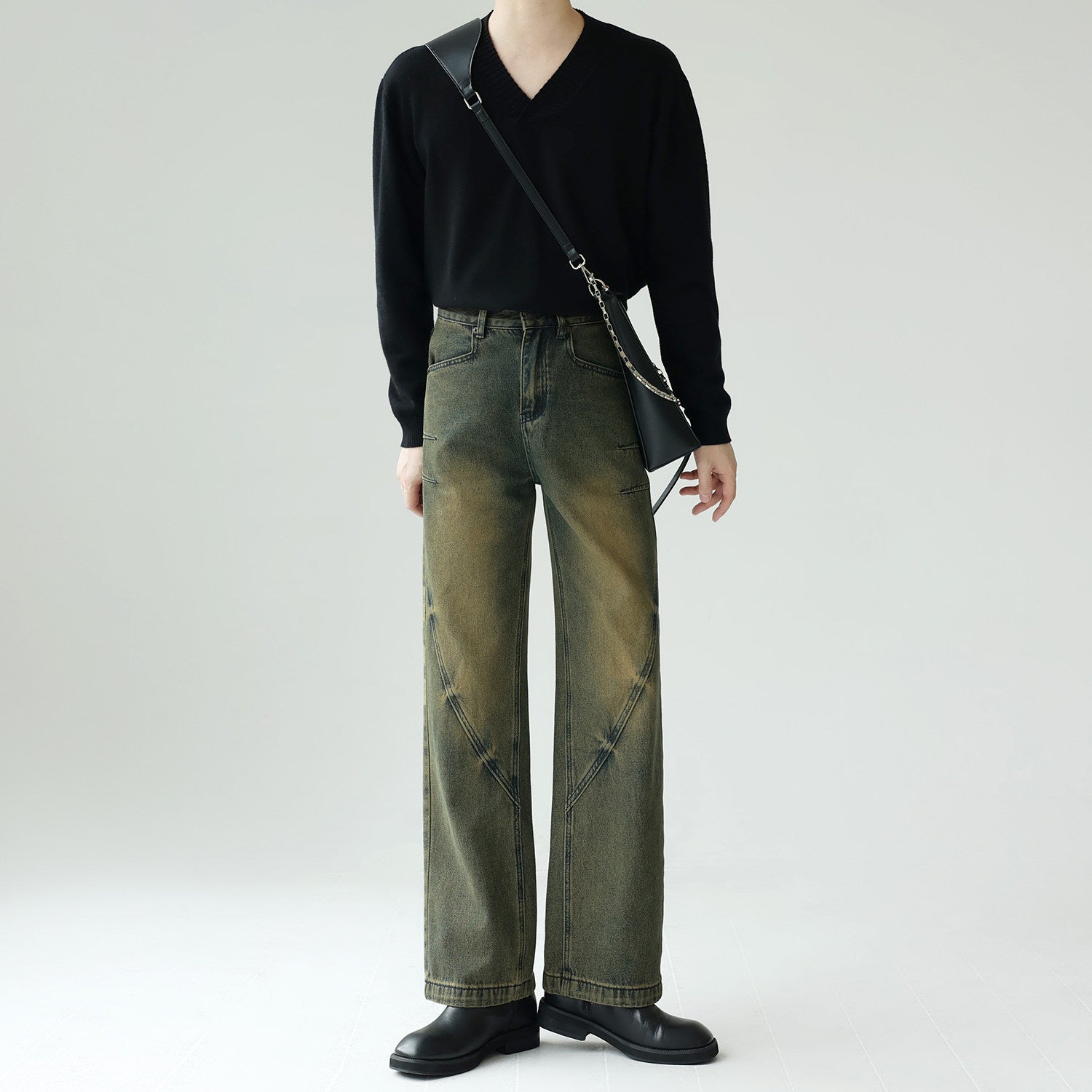 フェードオリーブディープシームワイドデニム