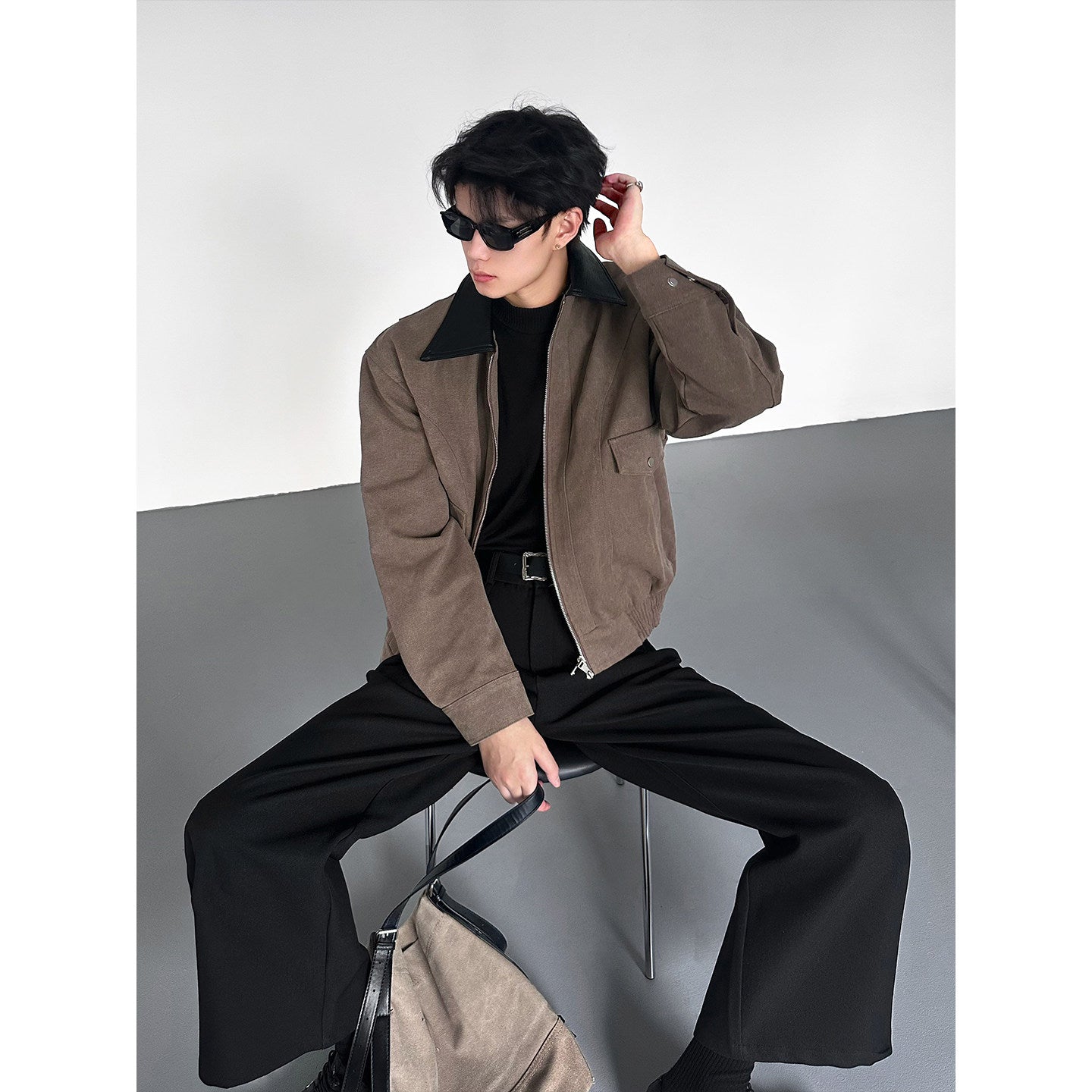 レザーコントラストカラースエードタッチショートブルゾン