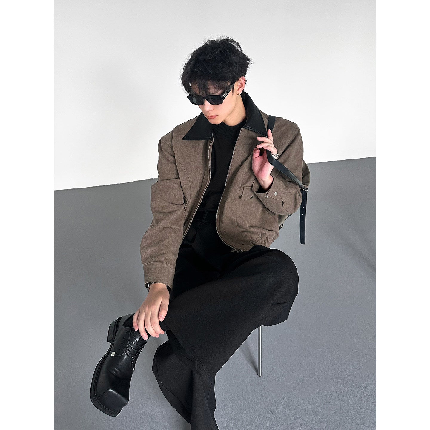 レザーコントラストカラースエードタッチショートブルゾン